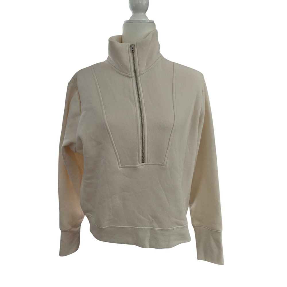 HM Womens Quarter Zip Pullover Sweatshirt Cream Off White Fleece Size M